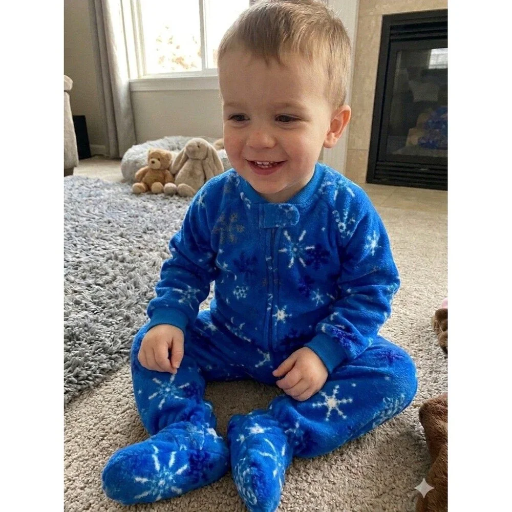 Footed Pajamas Blue Snowflake Fleece One Piece Sleeper Size S 2T